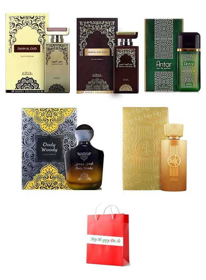 5 Pieces Perfume Set Nabeel Dahn Al Oud Antar Dahn Al Oud Amiri Gold 24k Oody Woody Eau De Parfum 100 ML