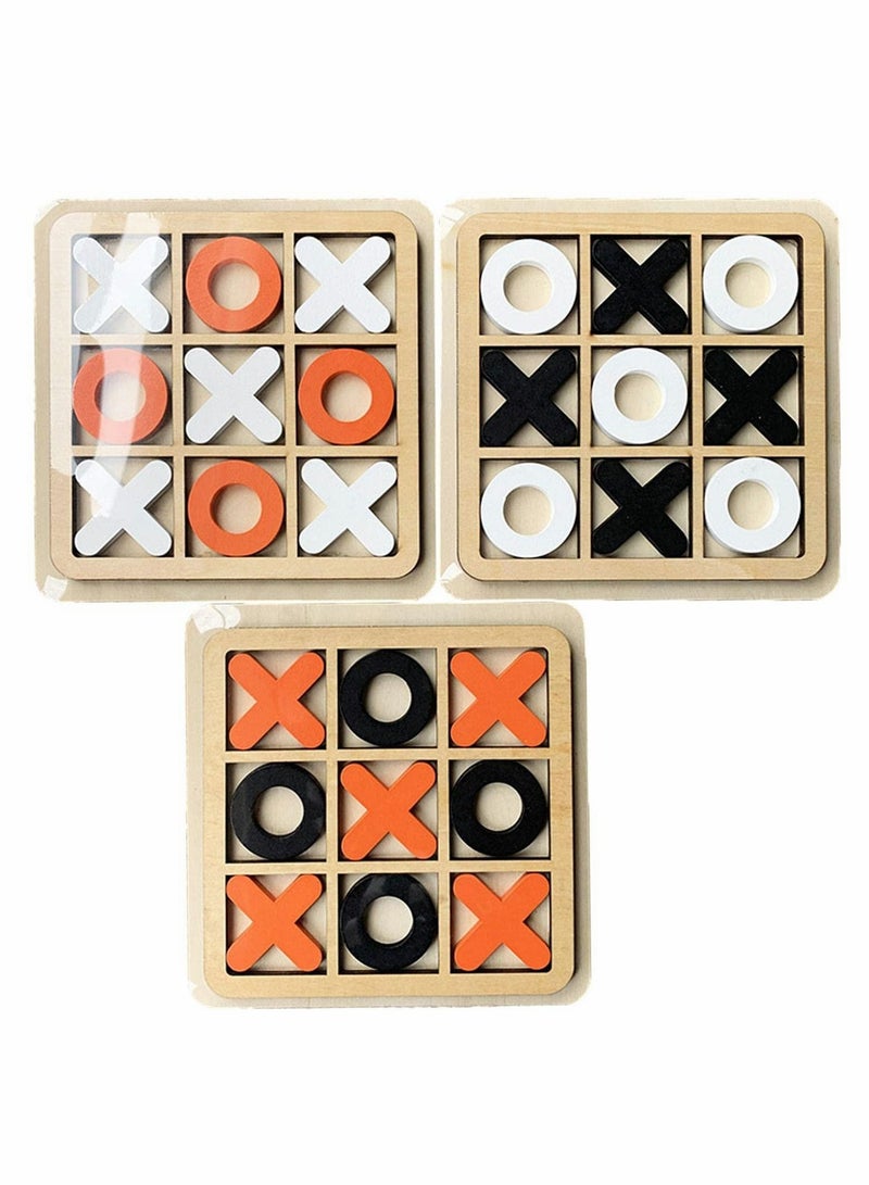 Tic-Tac-Toe Game Toy, Classic Wooden Checkerboard Educational Family Toys Set, Portable Casual Tabletop for Adults and Kids (3 Pcs)