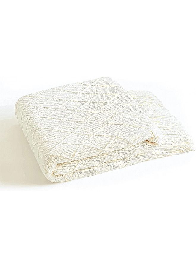 Soft Cozy Knit Blanket with Tassels for Couch and Bed Off White