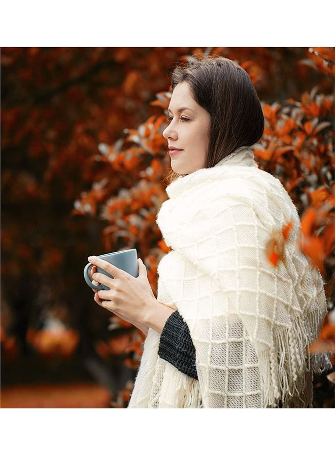 Soft Cozy Knit Blanket with Tassels for Couch and Bed Off White