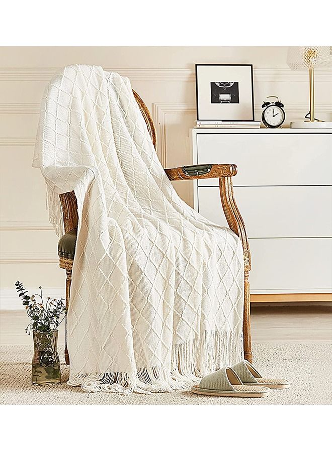 Soft Cozy Knit Blanket with Tassels for Couch and Bed Off White