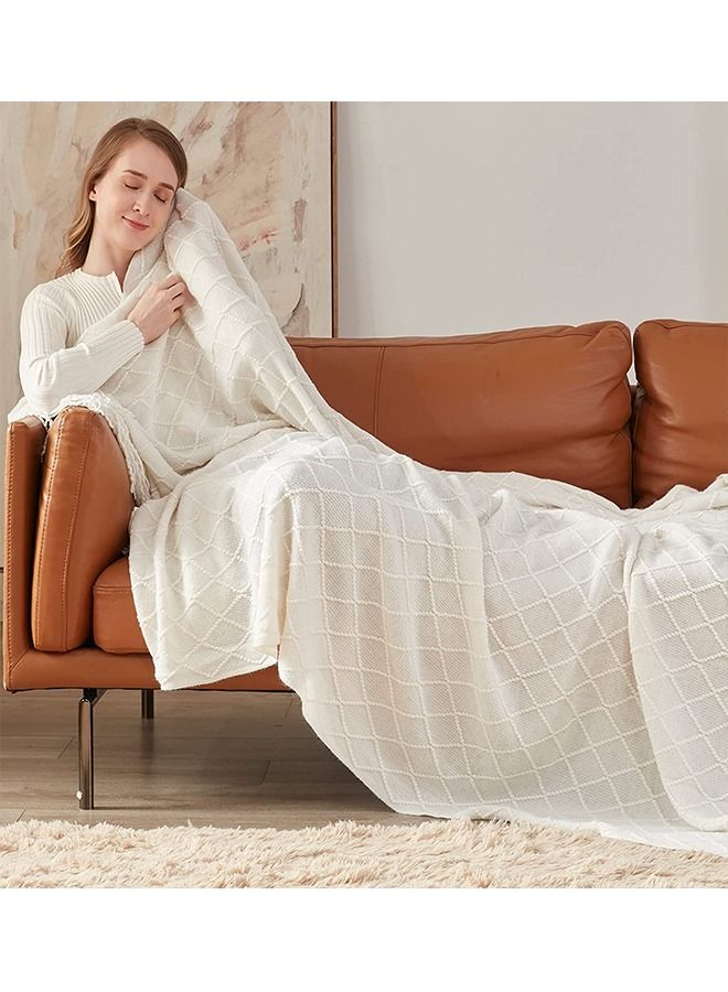 Soft Cozy Knit Blanket with Tassels for Couch and Bed Off White