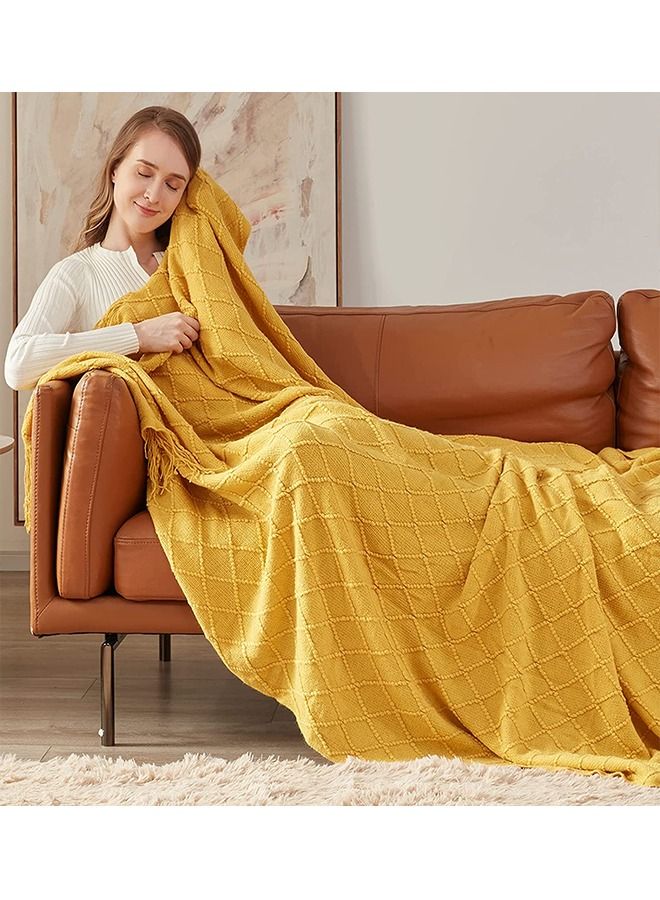 Soft Cozy Knit Blanket with Tassels for Couch and Bed Yellow