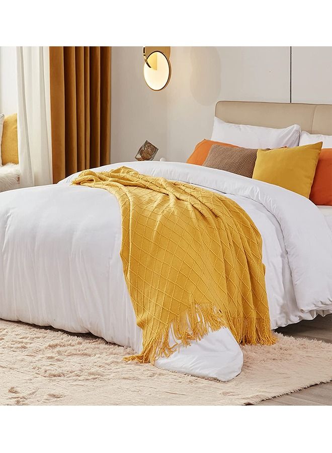 Soft Cozy Knit Blanket with Tassels for Couch and Bed Yellow