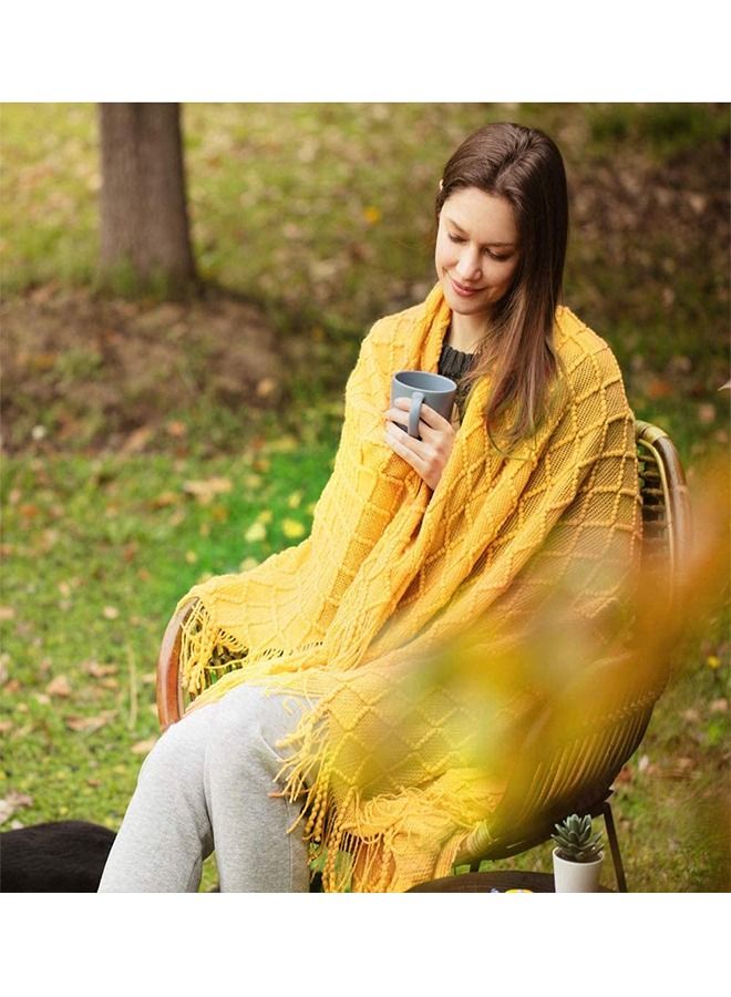 Soft Cozy Knit Blanket with Tassels for Couch and Bed Yellow