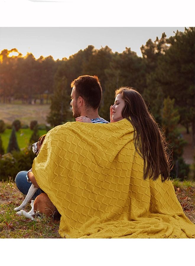 Soft Cozy Knit Blanket with Tassels for Couch and Bed Yellow