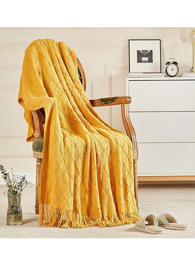 Soft Cozy Knit Blanket with Tassels for Couch and Bed Yellow