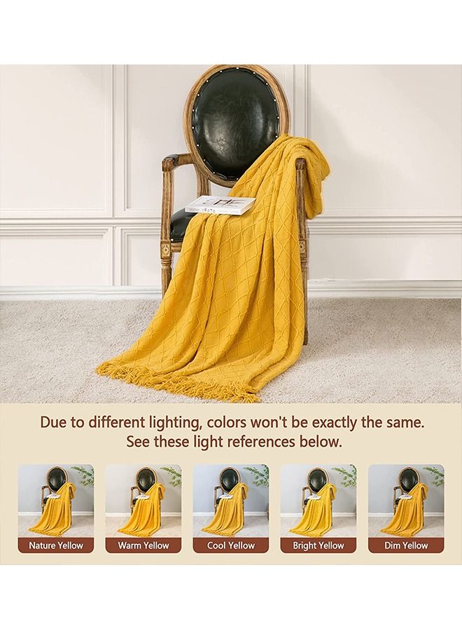 Soft Cozy Knit Blanket with Tassels for Couch and Bed Yellow