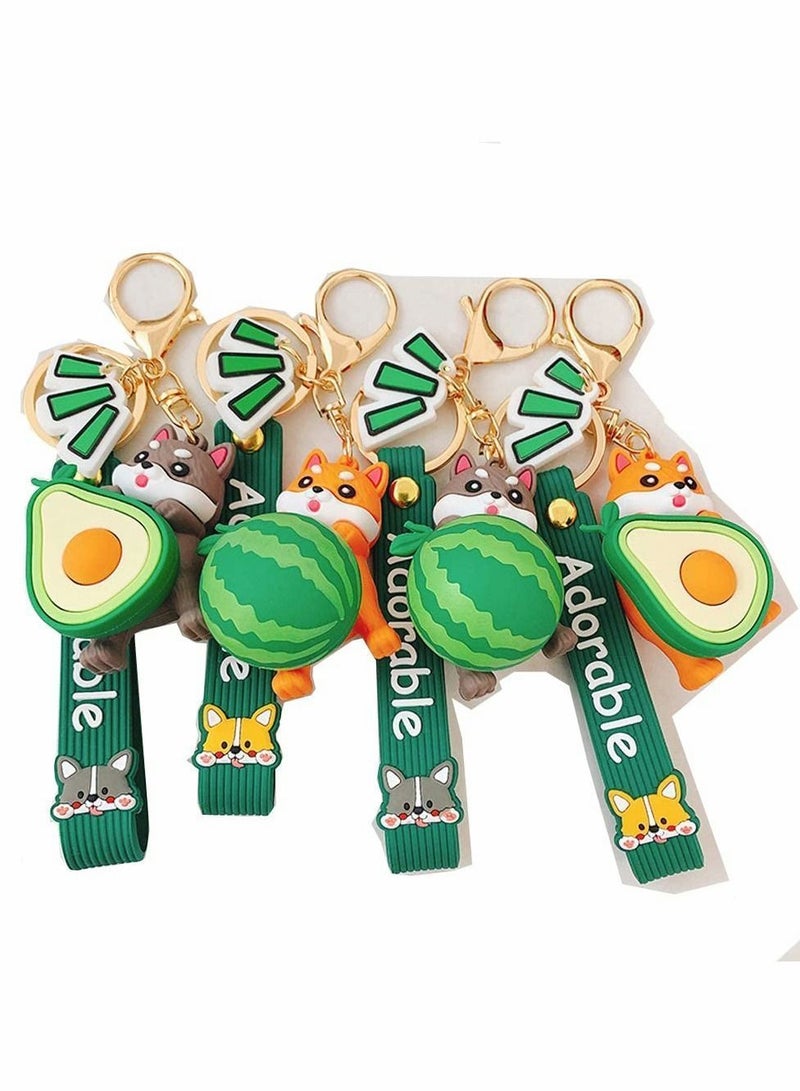 4 PCSWatermelon Avocado Cartoon Corgi Dog Keychains, Shiba Inu Keyrings, Bag Decoration, Door Key Ornaments, Fashion Jewelry(Avocado&Watermelon,Multicolor)