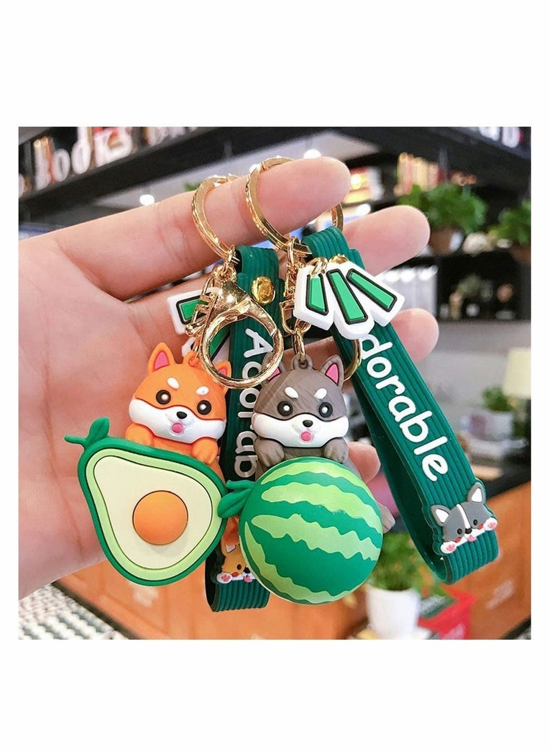 4 PCSWatermelon Avocado Cartoon Corgi Dog Keychains, Shiba Inu Keyrings, Bag Decoration, Door Key Ornaments, Fashion Jewelry(Avocado&Watermelon,Multicolor)