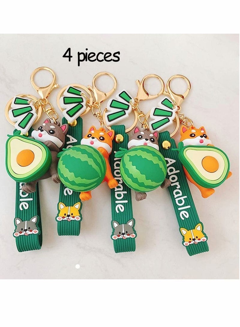 4 PCSWatermelon Avocado Cartoon Corgi Dog Keychains, Shiba Inu Keyrings, Bag Decoration, Door Key Ornaments, Fashion Jewelry(Avocado&Watermelon,Multicolor)