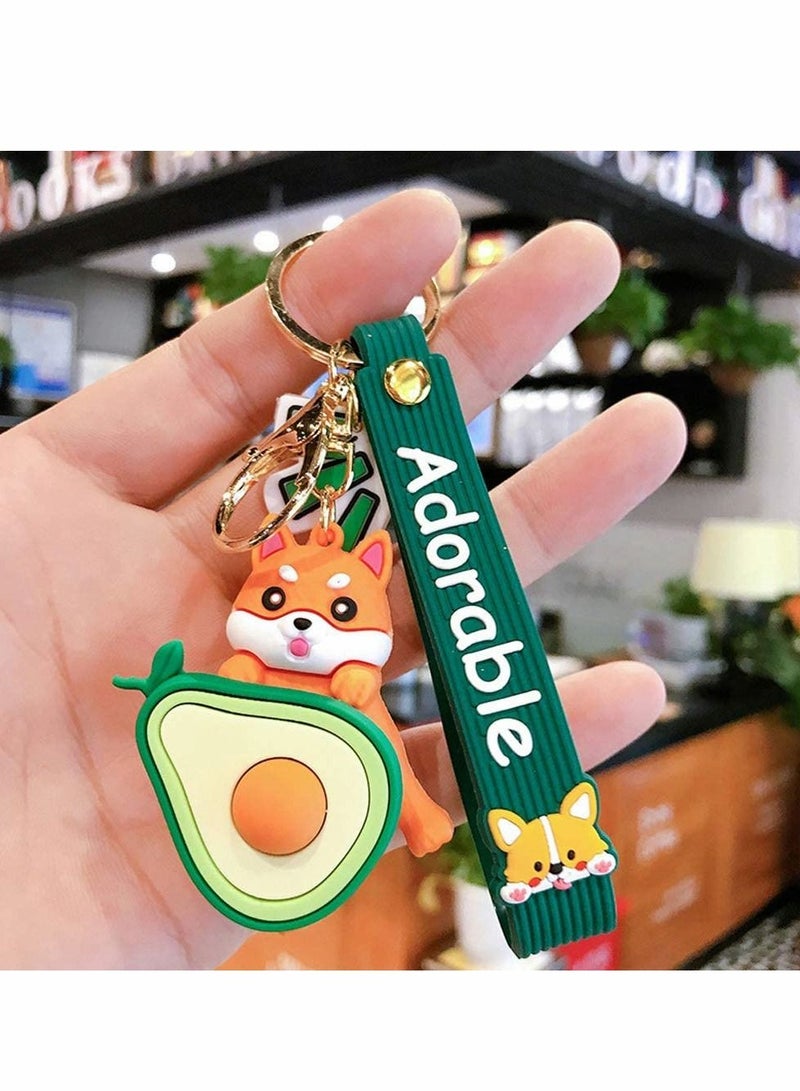 4 PCSWatermelon Avocado Cartoon Corgi Dog Keychains, Shiba Inu Keyrings, Bag Decoration, Door Key Ornaments, Fashion Jewelry(Avocado&Watermelon,Multicolor)