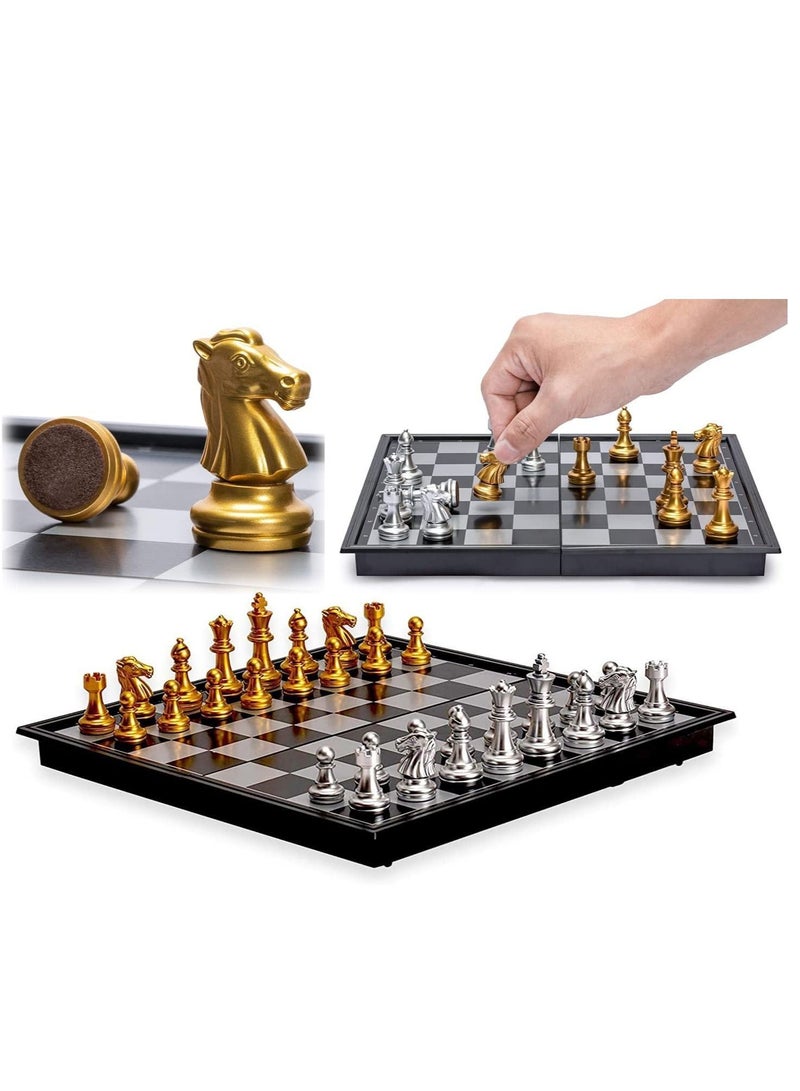 Travel Chess Board Set - Magnetic Piece with Portable/Foldable Board- Full Educational Toys For Children/Adults -Gold/Silver -Handmade Traditional Game Gift