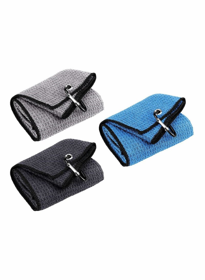 3 Pack Golf Towel, Sports Towel with Heavy Duty Carabiner Clip, Premium Microfiber Fabric Waffle Pattern for Yoga, Golf, Gym, Camping, Running (Blue, Black, Gray)