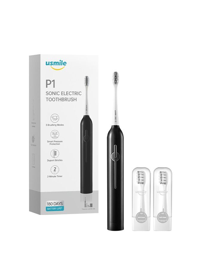 USB Rechargeable Sonic Electric Toothbrush for Adults Whitening Toothbrush with Pressure Sensor 4-Hour Fast Charge for 6 Months P1 Black