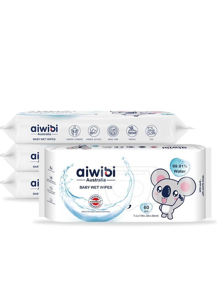 Aiwibi 99.91% Pure Water Baby Wet Wipes Pack of 6 X 60's - 360 Wipes