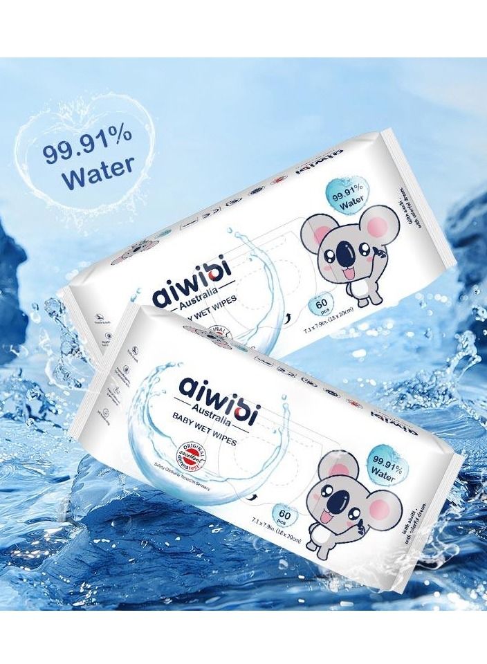 Aiwibi 99.91% Pure Water Baby Wet Wipes Pack of 6 Pouches X 60 Sheets 360 Wipes