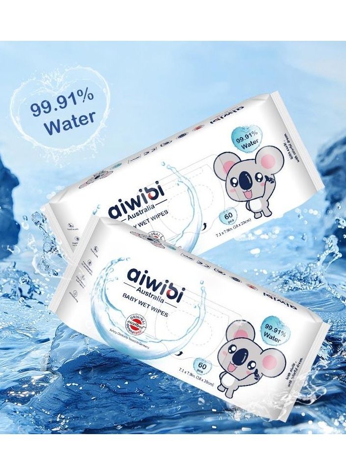 Aiwibi 99.91% Pure Water Baby Wet Wipes Pack of 6 X 60's - 360 Wipes