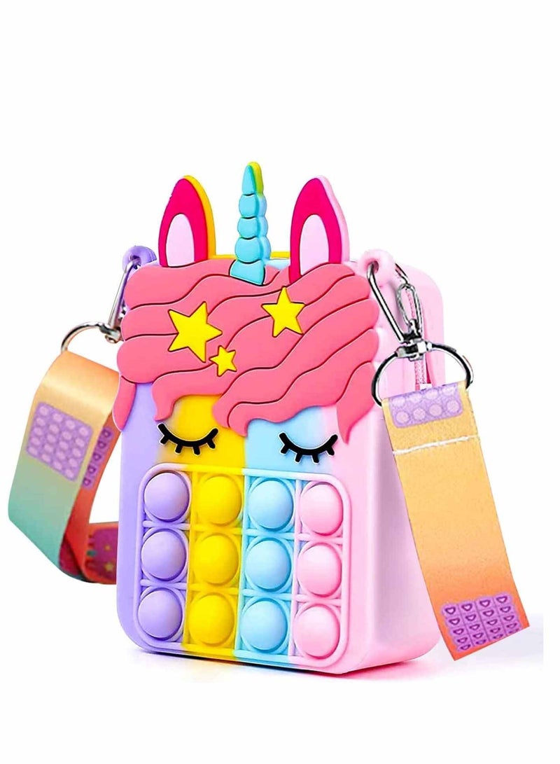 Colorful Unicorn Shoulder Bag Fidget Toys Pop-in-It Crossbody Handbag for Women Girls Push Bubble Sensory Pop Toy Bag, Silicone Small Purse Relieve Stress Relief