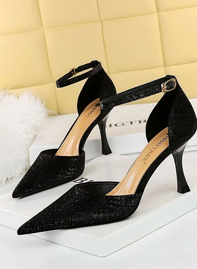 Pointed One-Line High-Heeled Sandals 8CM Black