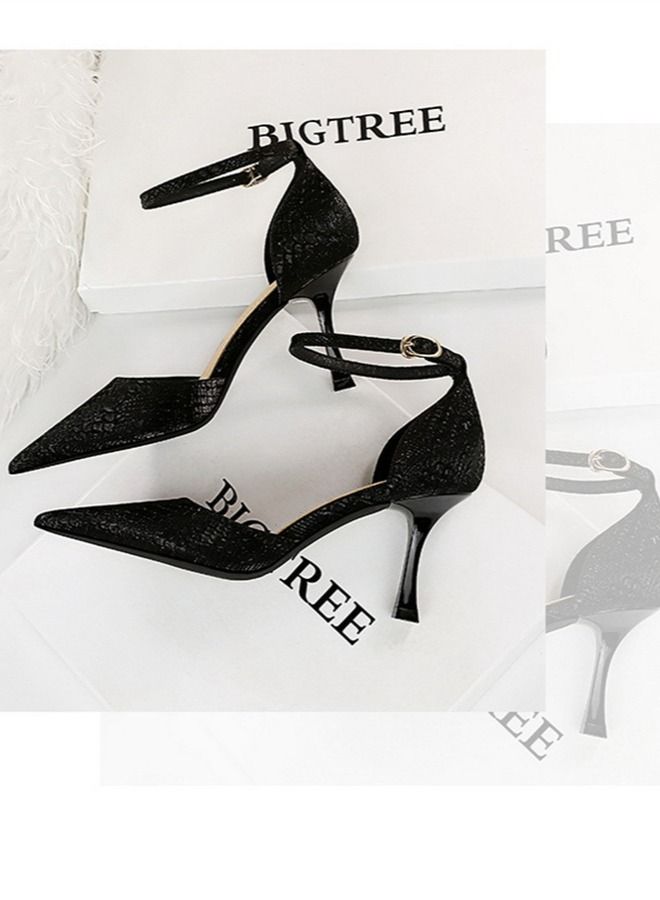 Pointed One-Line High-Heeled Sandals 8CM Black