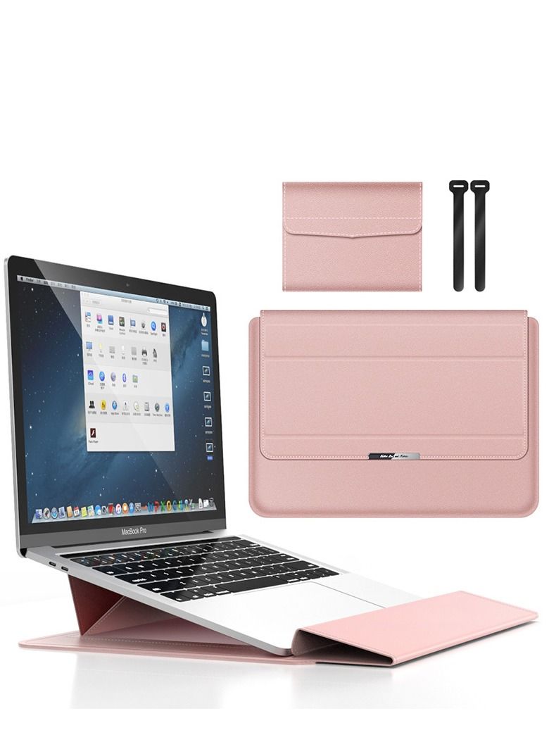 13-14 Inch Laptop Sleeve Bag Universial 2 in 1 Inner Sleeve with Stand Function Portable Waterproof Laptop Case Compatible with 13-14 Inch Laptops and Tablets Soft PU Leather (Pink Rose Gold)
