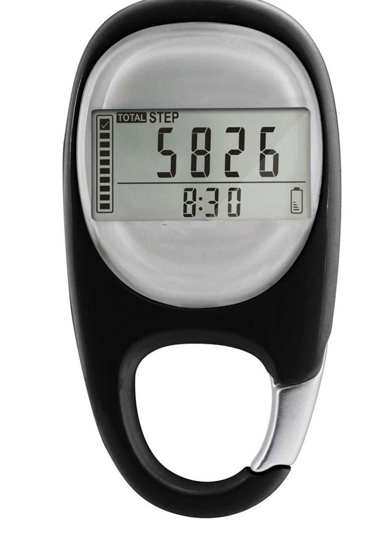 3D Pedometer Clip On Walking Step Counter for Men Women Kids Track Steps and Miles Km Calories Burned Activity Time 7 Days Memory Black