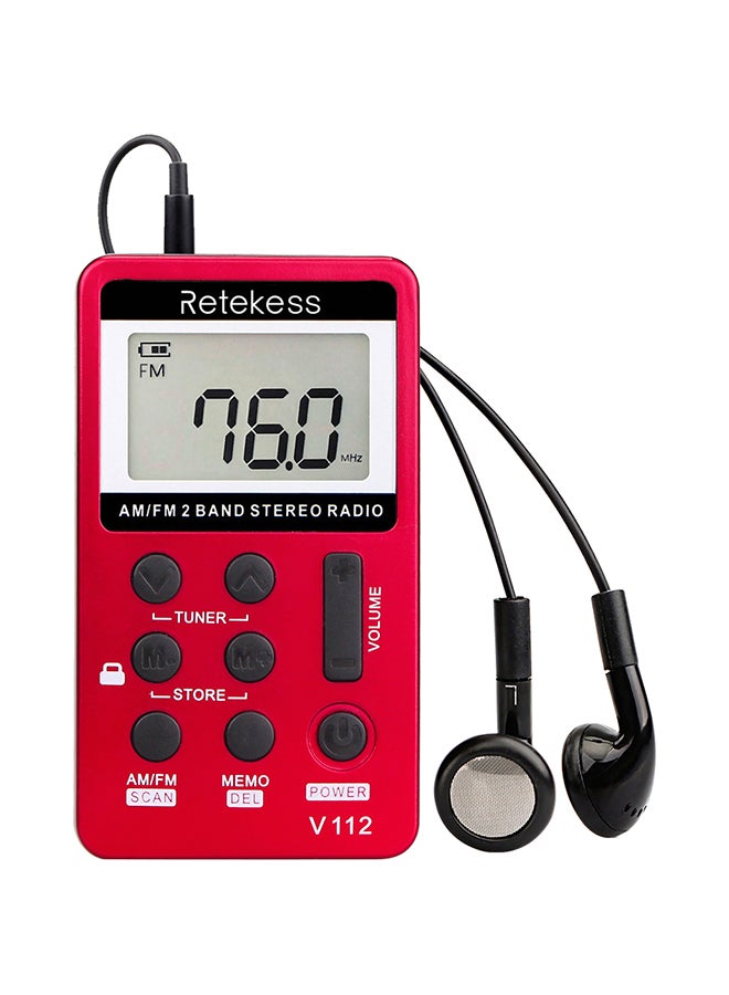 Portable AM/FM Digital Radio With Earphones V376 Red