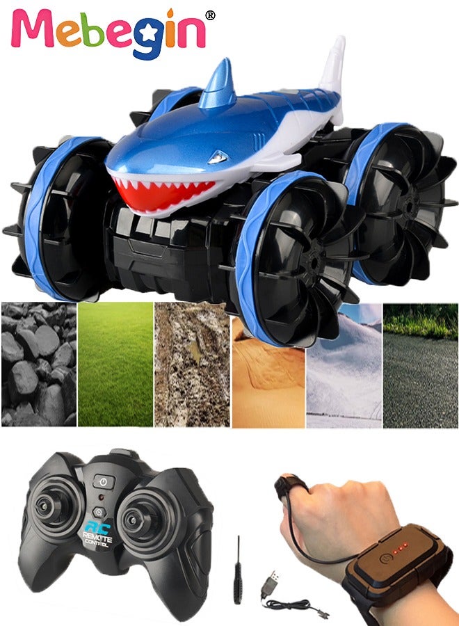 Amphibious Remote Control Car 2.4 GHz Waterproof Off Road RC Shark Truck 4WD Stunt Car 360° Rotation All Terrain RC Truck for Adults Boys Girls Kids Gift