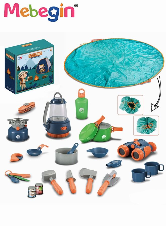 25 Pcs Kids Camping Tent Set Toys Pop Up Play Tent with Camping Gear Tools Indoor Outdoor Pretend Play Set for Toddler Including Telescope Stove and Tools