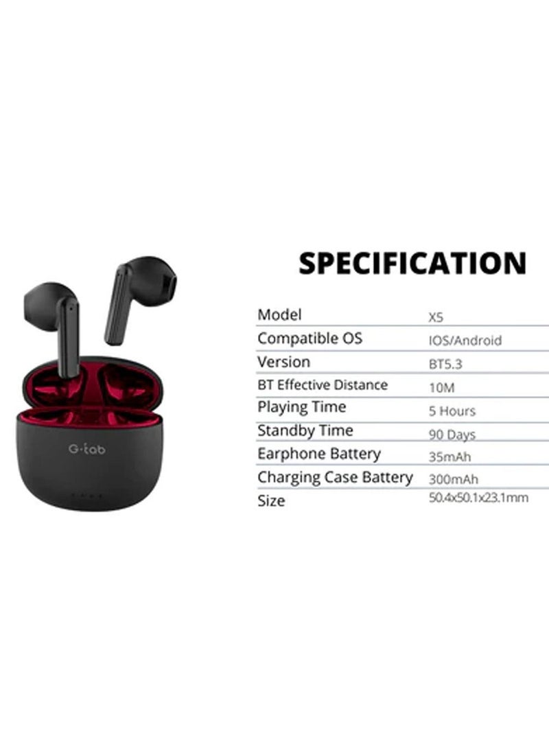 X5 Bluetooth V5.3 Wireless Earbuds with Dual Mic and Noice Cancelation