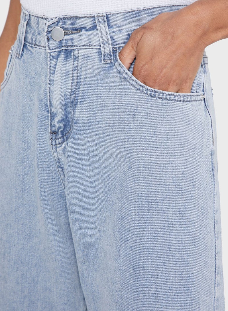 Bleached Straight Fit Jeans with Side Slit