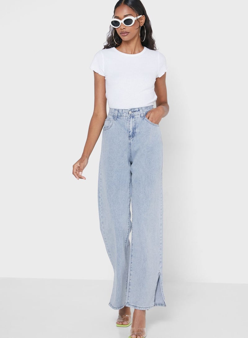 Bleached Straight Fit Jeans with Side Slit