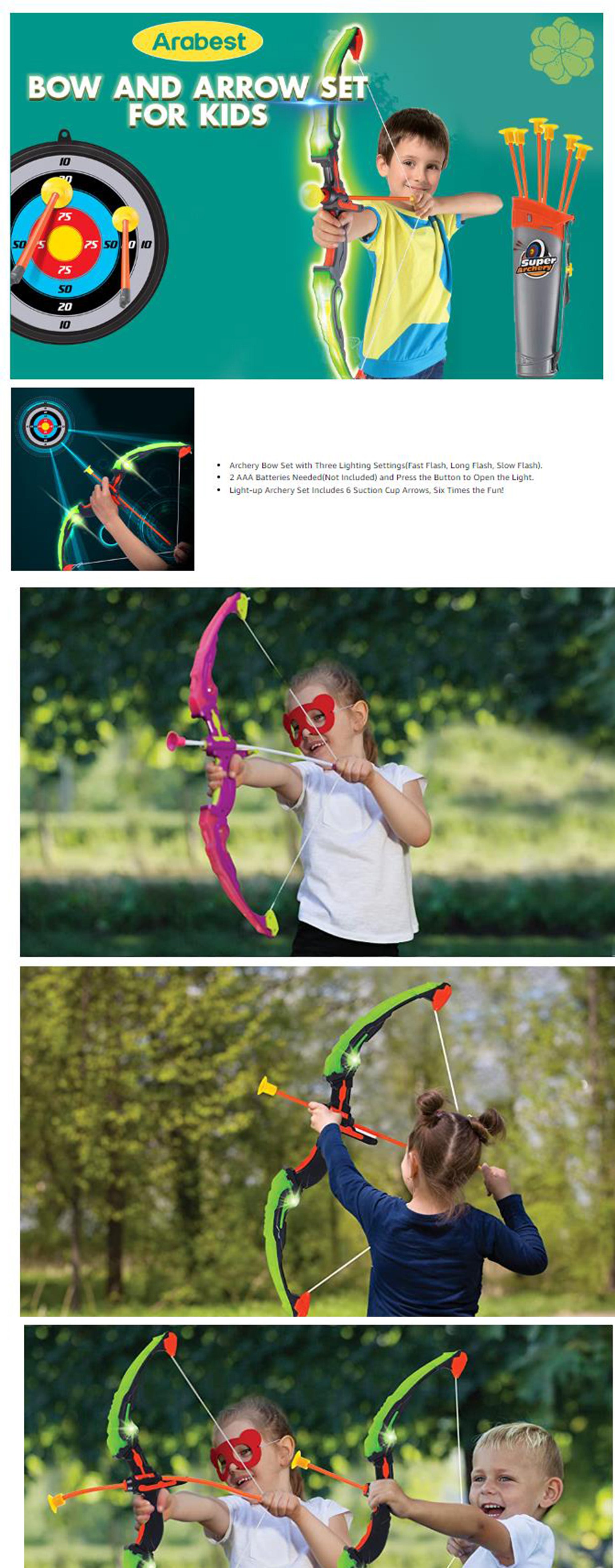 Bow and Arrow Set for Kids, Light Up Archery Toy Set, Includes 6 Suction Cup Arrows, Target and Quiver, Outdoor Toys for Kids, Gifts for Boys and Girls Ages 7+ Years Old