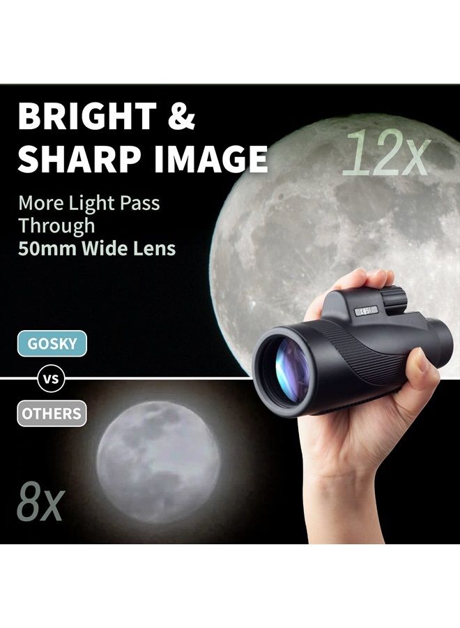 Titan 12X50 Monocular Telescope with Smartphone Holder - Waterproof Fog-Proof Shockproof Scope BAK-4 Prism FMC for Bird Watching Hunting Camping Traveling Wildlife Scenery