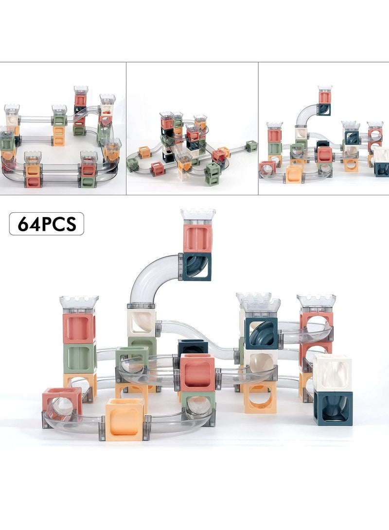 Marble Run Magnetic Tile, 3 Wooden Marbles and 61 Magnet Blocks Building Set, Marble Run Race Track Stacking Toys, Preschool Educational STEM Toys, Gifts for Boys Girls Age 3+