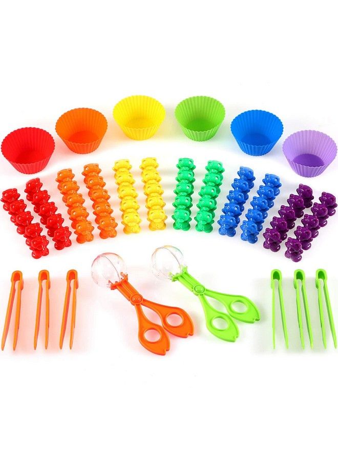 74 Pieces Counting Sorting Bears Fine Motor Skills Handy Scoopers Set Includes 60 Cute Rainbow Sorting Bears, 6 Jumbo Tweezers, 2 Scissors Clips And 6 Colorful Sorting Cups For Children Over 6