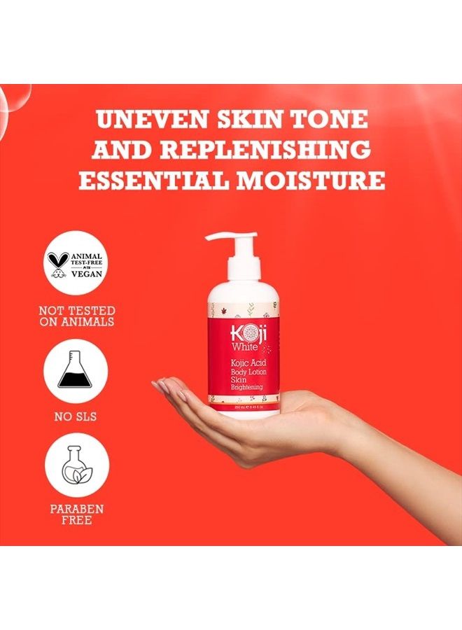 Kojic Acid Skin Brightening Body Lotion - Daily Moisturizer & Glowing Skin, Dark Spots, Uneven Skin Tone, Vegan, Not Tested on Animals, 8.45 Fl Oz Bottle