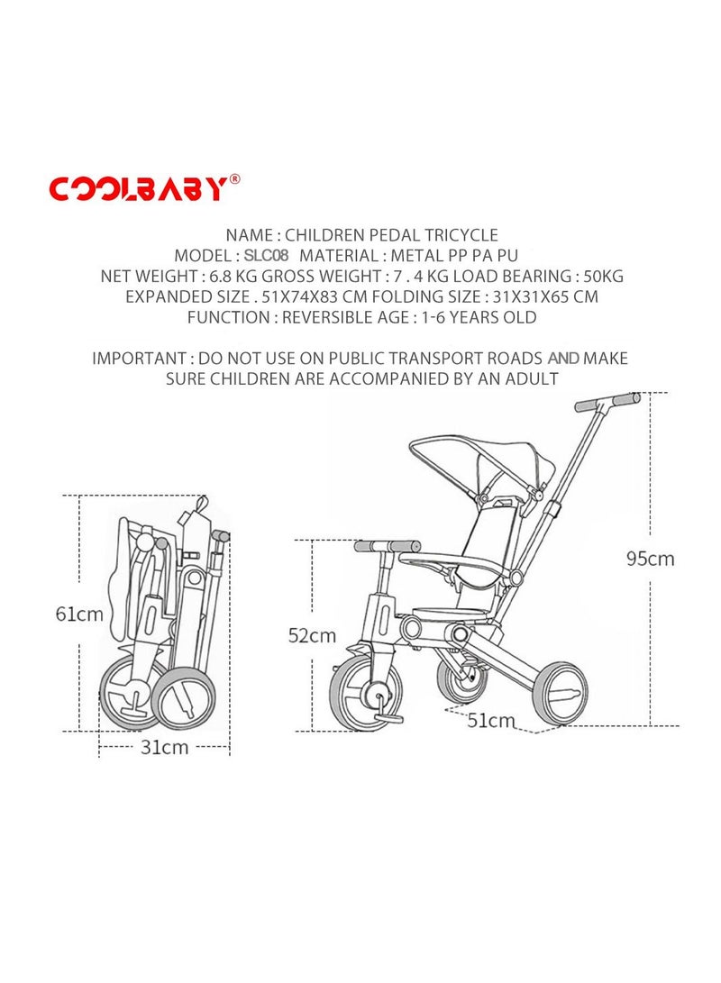 COOLBABY 7 IN 1 Foldable Kids Trike Toddler Tricycle 3 Wheel Kid Tricycle Baby Pushchair Stroller Tricycles Baby Trike For 1-6 Years Old