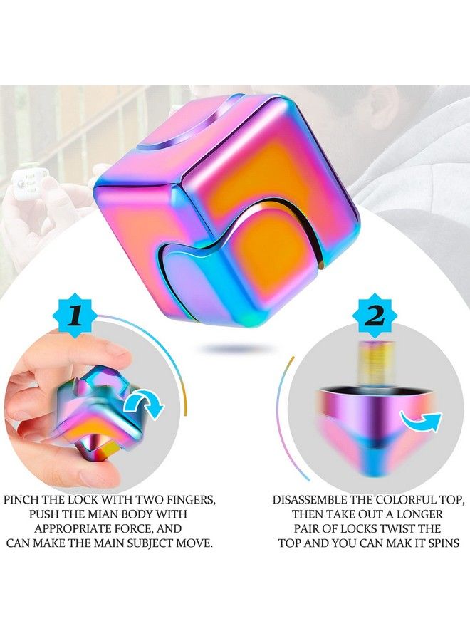 Fidget Cube Spinner Antianxiety Focusing Fidget Toys 4In1 Toy Metallic Focus Toy Cube Finger Top Desktop Stress Relieve Toys For Kids And Adults (Neon Rainbow)