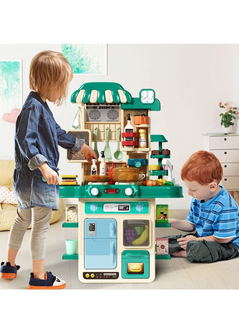 Kids Kitchen Play set, Mini Kitchen Toy Set, Toddler Cooking Pretend Play Kitchen Appliances with Light & Sound Simulation of Spray Sink Fruit Vegetable Children Role Play Toy for Girls Boys