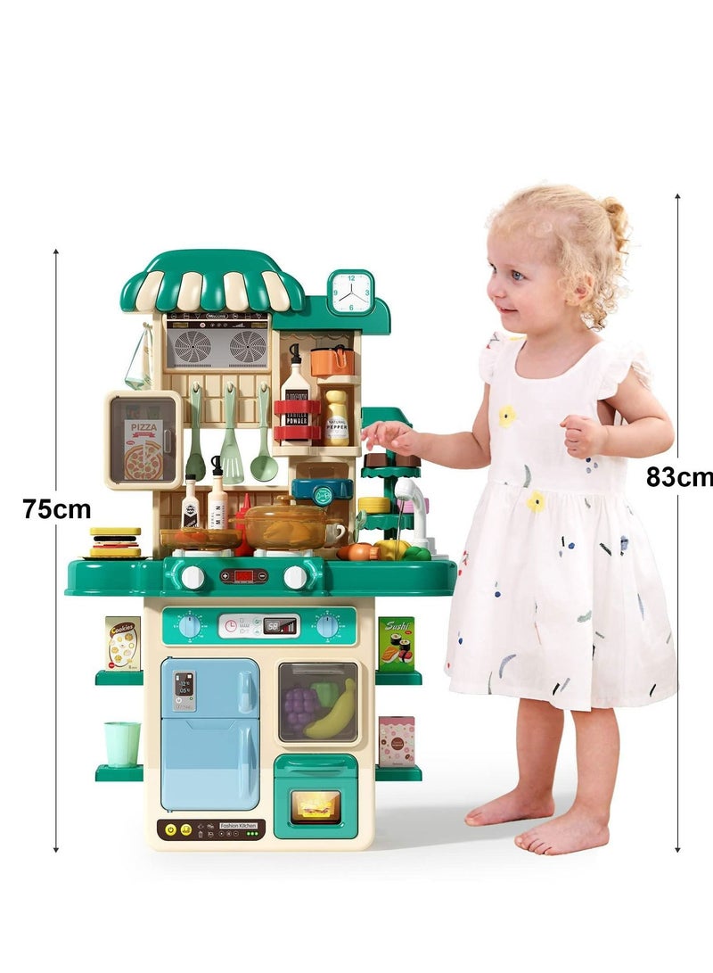 Kids Kitchen Play set, Mini Kitchen Toy Set, Toddler Cooking Pretend Play Kitchen Appliances with Light & Sound Simulation of Spray Sink Fruit Vegetable Children Role Play Toy for Girls Boys