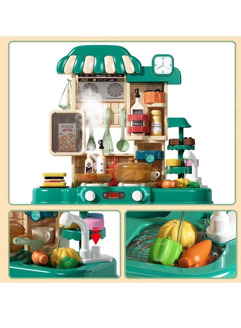 Kids Kitchen Play set, Mini Kitchen Toy Set, Toddler Cooking Pretend Play Kitchen Appliances with Light & Sound Simulation of Spray Sink Fruit Vegetable Children Role Play Toy for Girls Boys