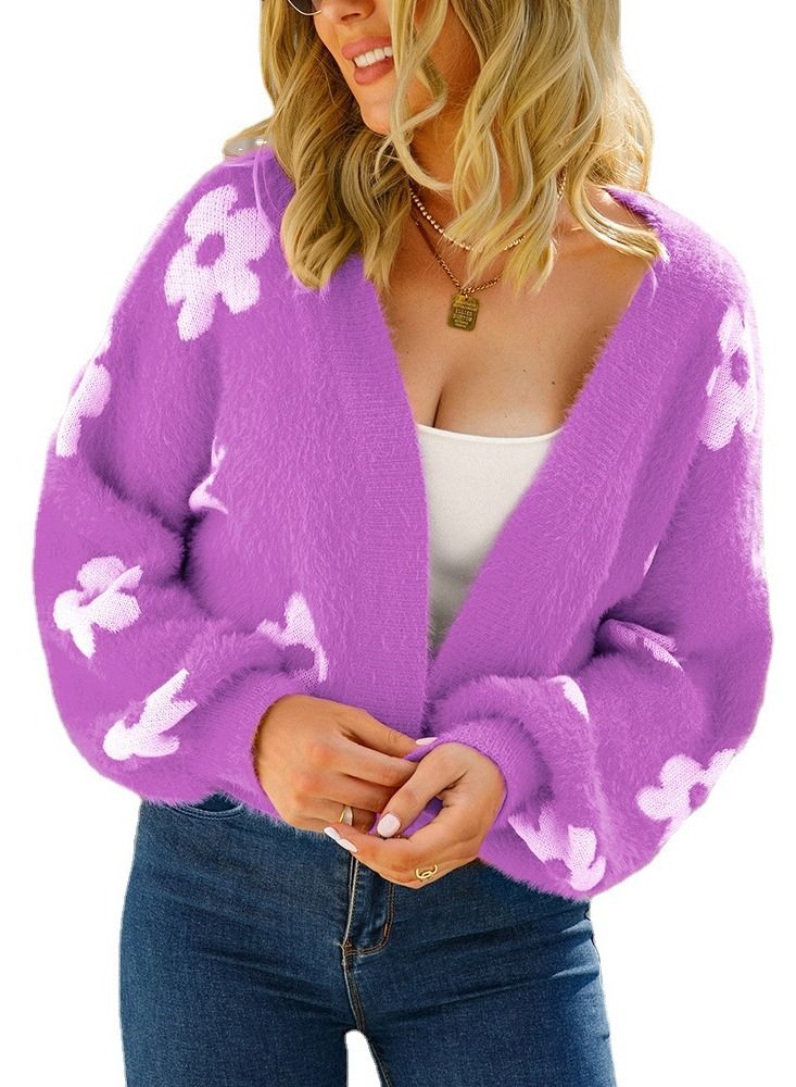 New Fashion Flower Print Cardigan Short Knit Sweater