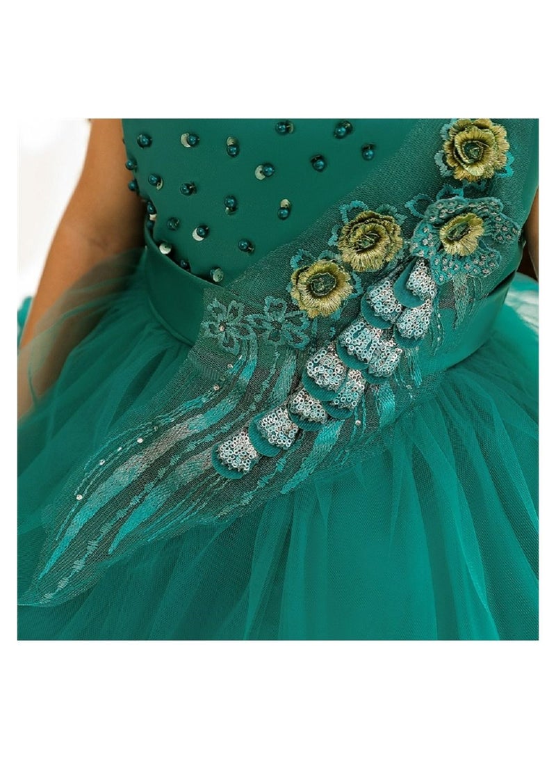 Elegant green knee-length dress with pearl and lace work dress for girls