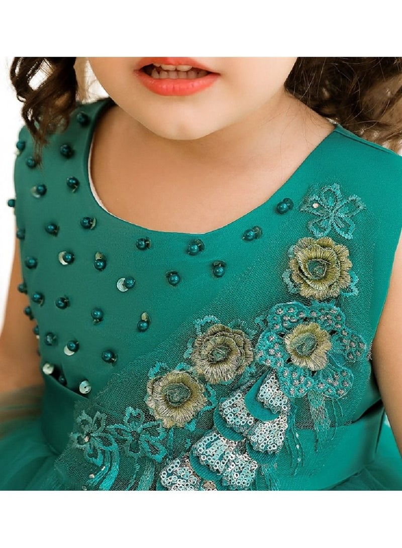 Elegant green knee-length dress with pearl and lace work dress for girls