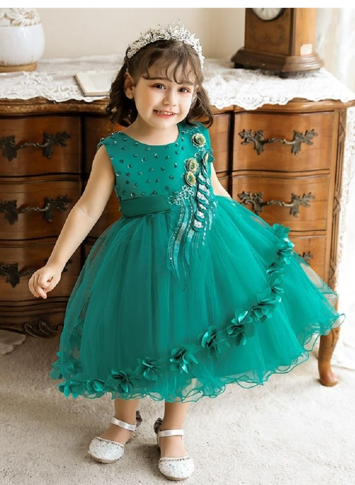 Elegant green knee-length dress with pearl and lace work dress for girls