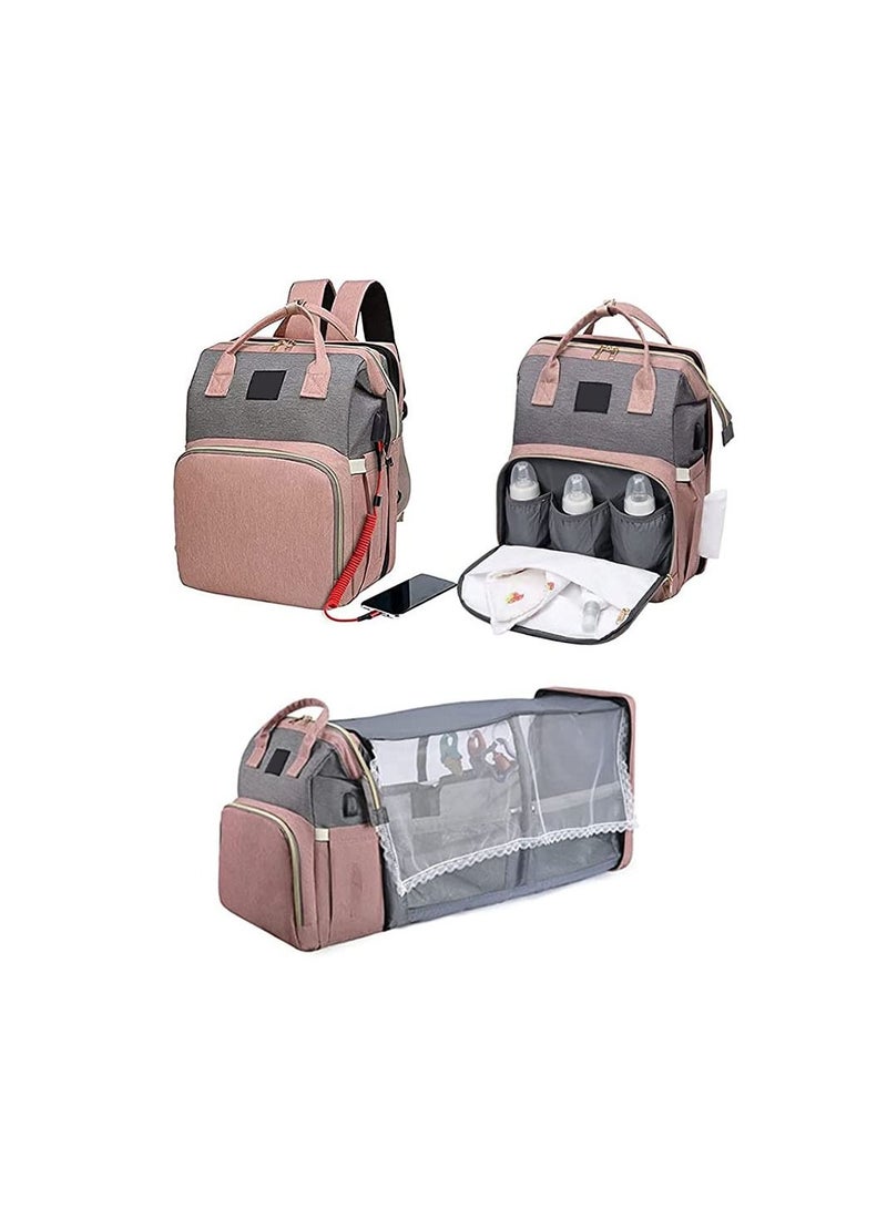 COOLBABY Diaper Bag Backpack 7 in 1 Travel Diaper Bag Mommy Bag With USB Charging Port (Pink-Grey)-Modern style