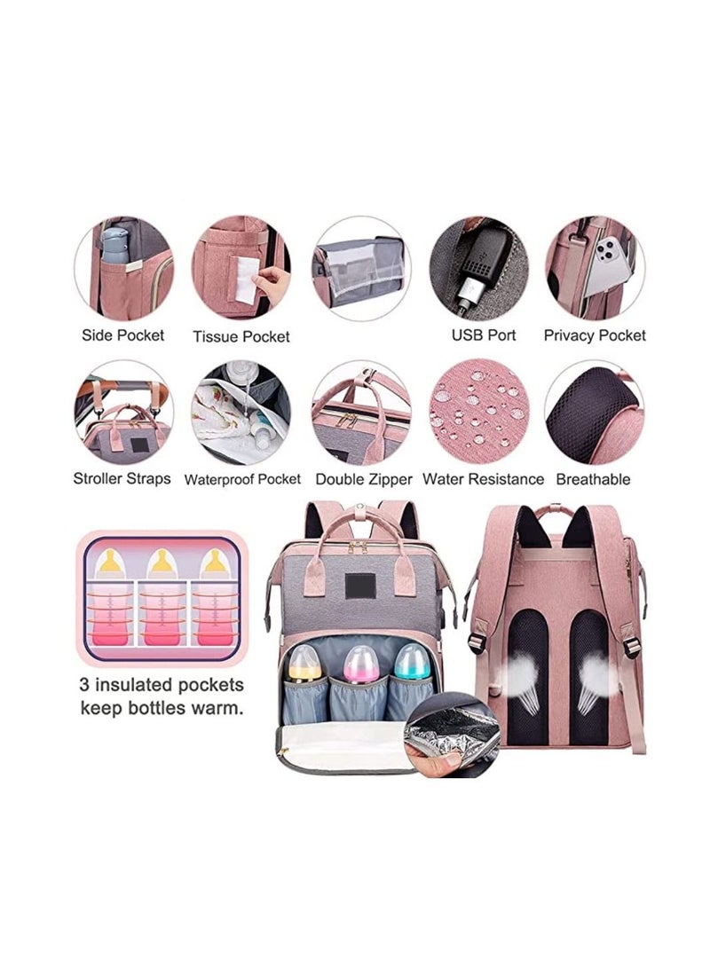 COOLBABY Diaper Bag Backpack 7 in 1 Travel Diaper Bag Mommy Bag With USB Charging Port (Pink-Grey)-Modern style