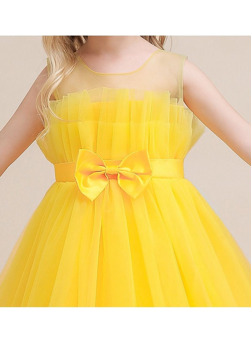 Yellow mesh party dress with front bow and ruffled hem